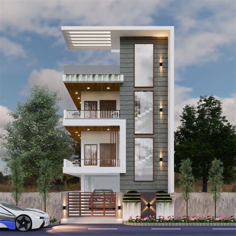 Front Elevation Of 3d Triplex Modern House Model Cad Drawing Details Images