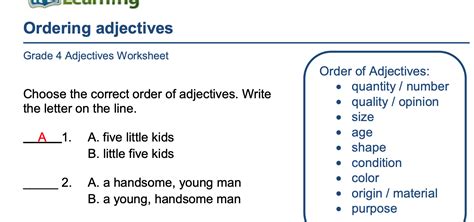 Order Of Adjectives Worksheets K5 Learning Ordering Adjectives