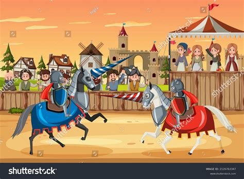 Two Medieval Knights Fighting Together Illustration Stock Vector