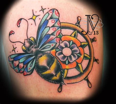 My Version Of A Traditional Bee Tattoo Just Above The Knee Shes The