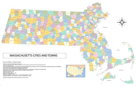 36x24in Poster Map Of Massachusetts Cities Towns And County Seats Etsy