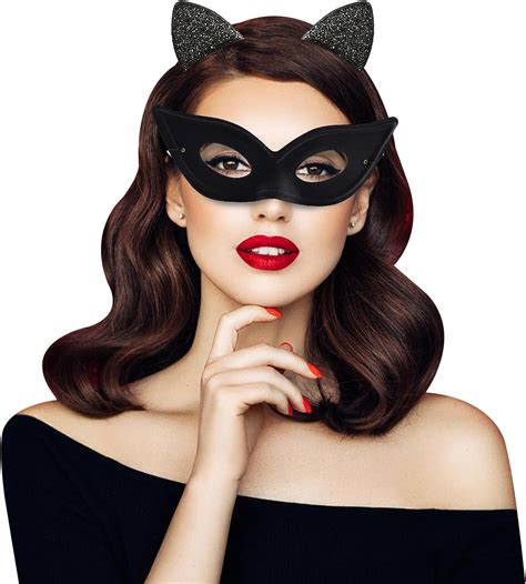 eqlef catwoman masque et serre tete oreille de chat masque oeil de chat noir avec masque à