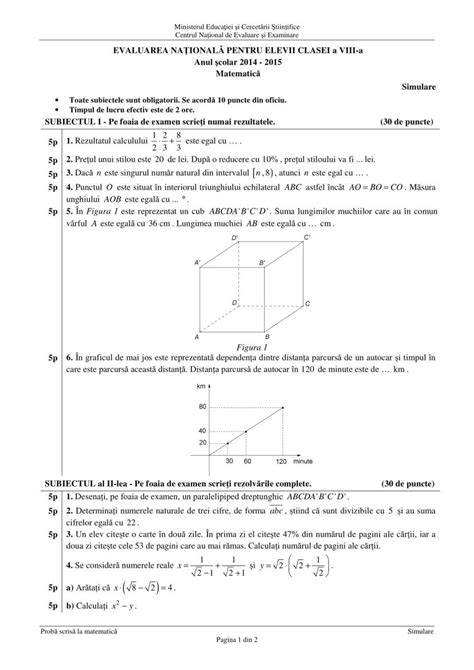 Rezolvare Simulare Evaluarea Națională 2015 Matematică Clasa A 8 A