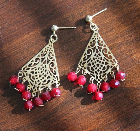 Red And Gold Chandelier Earrings Etsy