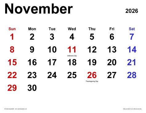 November 2026 Calendar Templates For Word Excel And Pdf