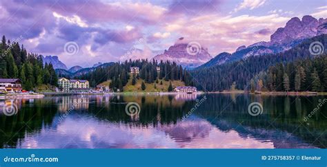 Amazing Nature View Of Misurina Lake And Mountain Range During A