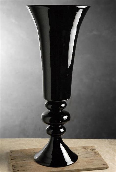 Black Glass Fluted Vase On Pedestal 30in Black And White