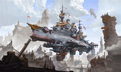 Illustration Science Fiction Airships Steampunk Digital Fan Wennan Clouds Wallpaper Resolution