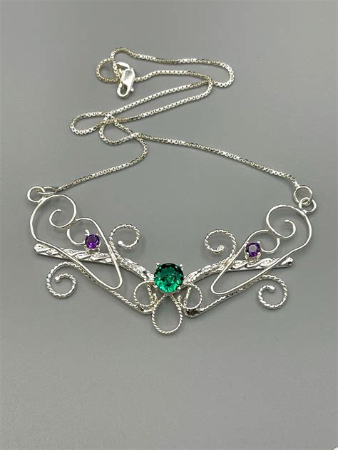 Elvish Emerald Amethyst Necklace In Sterling Silver Art Etsy Real
