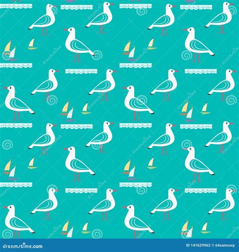 Hand Drawn Cute Seagull Seamless Pattern Stock Illustration
