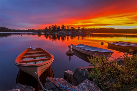Images Sweden Nature Sunrise And Sunset Boats Rivers Stones