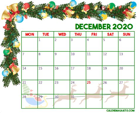 Printable December 2020 Calendar Template Chrismas Holiday 2020