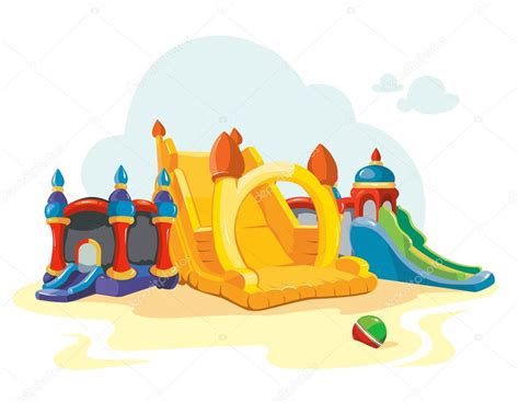 Vector Illustration Of Inflatable Castles And Children Hills On