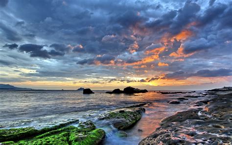 Water Sunset Clouds Sea Rock Landscape Wallpapers Hd