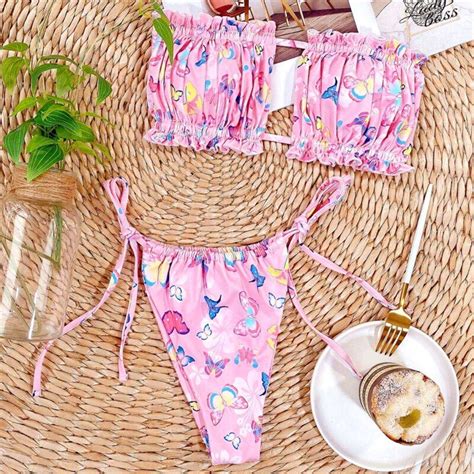 Pretty Pink Strappy Butterfly Bandeau Bikini Set Beach Babe Bikini