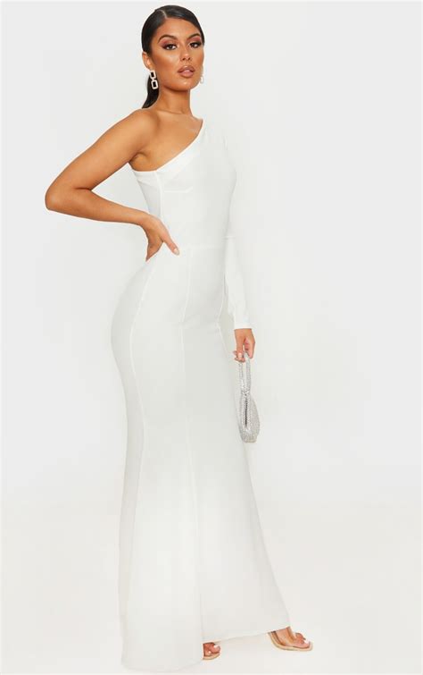 White One Shoulder Long Sleeve Maxi Dress Prettylittlething Usa