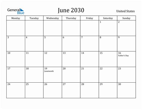 June 2030 Monthly Calendar With United States Holidays