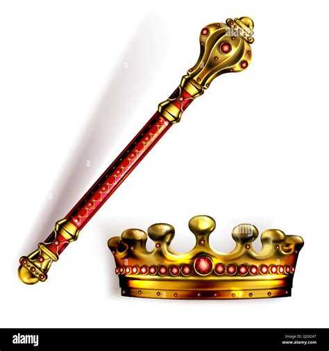 Golden Scepter And Crown For King Or Queen Royal Wand And Corona With