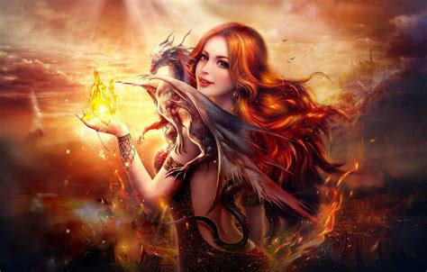 Wallpaper Fire Flame Girl Fantasy Digital Woman Art Beautiful