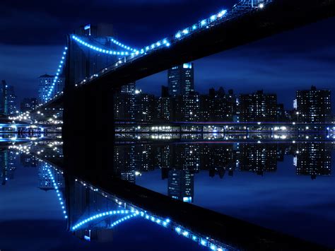 Blue City Night Reflection Wallpaper And Background Image