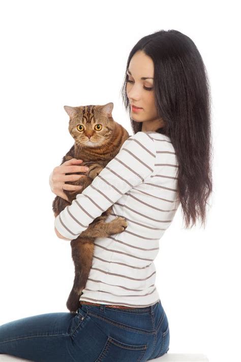 Beautiful Smiling Brunette Girl And Her Ginger Cat Over White Ba Stock Image Image Of Emotion