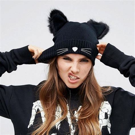Hot Sale Cat Ears Women Hat Knitted Acrylic Warm Winter Beanie Caps Cat