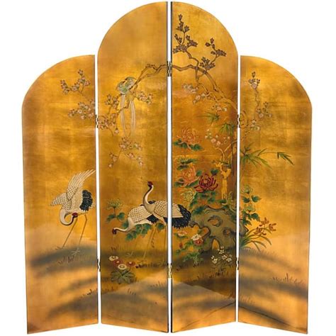 Oriental Furniture 6 Ft Gold 4 Panel Golden Cranes Room Divider Lcq