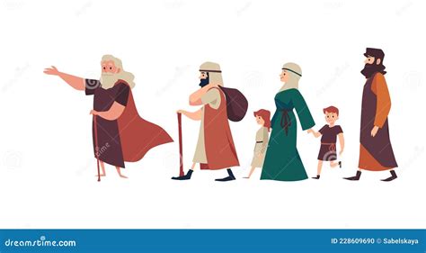 Biblical Moses Leads Jewish People From Egypt Flat Vector Illustration