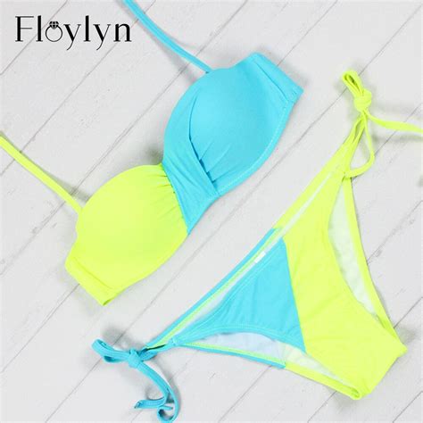 Floylyn Bikini Push Up Swimwear Women Bandeau Bikini Set Bright Color