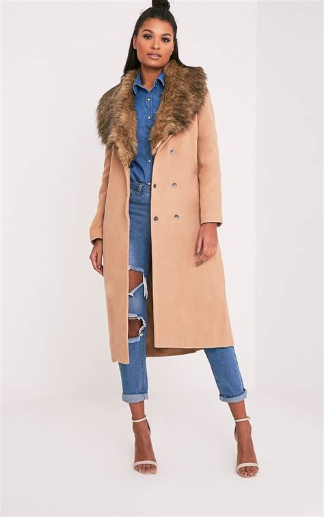 camel faux fur collar double breasted coat prettylittlething usa