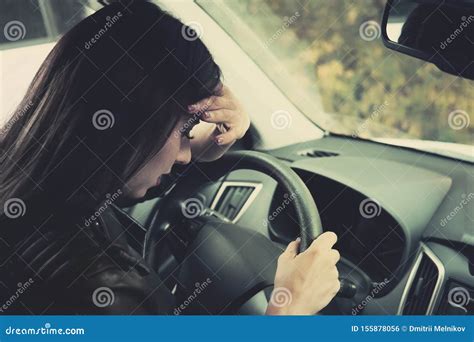 Woman Driver Feeling Anxiety Behind The Wheel Close Up Of Crying Girl