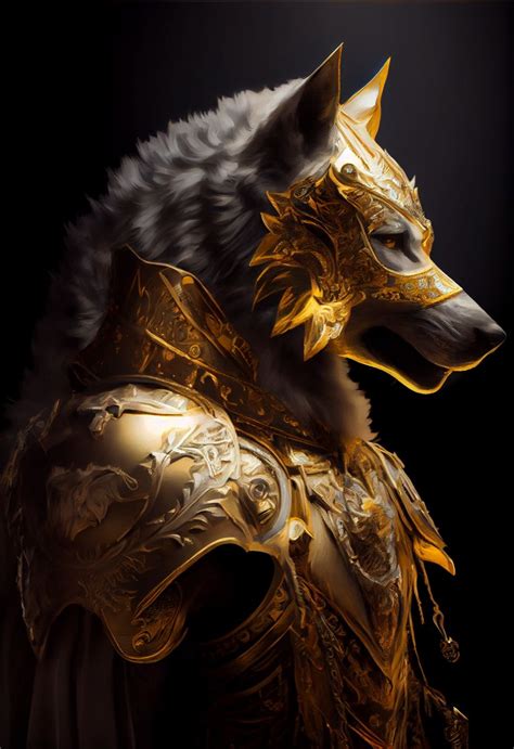 An Animal Wearing Gold Armor With A Wolf Head On Its Chest And Collar