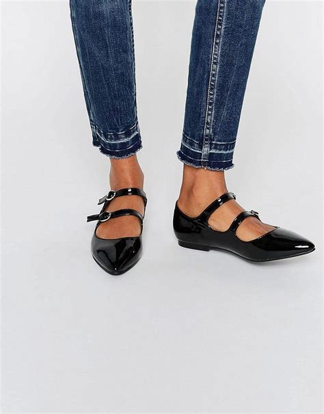 Daisy Street Black Patent Multi Strap Point Flat Shoes At