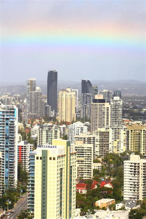 Rainbow Over City At River Aerial Image Stock Photo