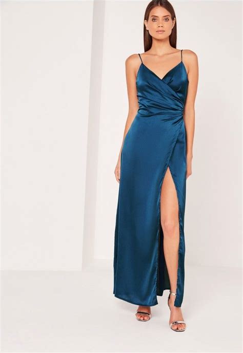 Missguided Silky Wrap Over Maxi Dress Blue Maxi Dress Blue Silky Dress Ball Dresses