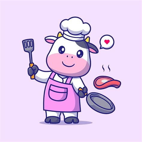 Free Vector Cute Cow Chef Cooking Steak Meat Cartoon Vector Icon