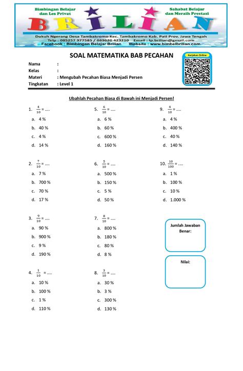 Soal Mengubah Pecahan Biasa Menjadi Persen Level Bimbel Brilian