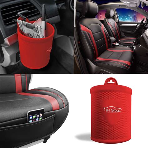 Fh Group Faux Leather Seat Covers Cushion Pad Front Bucket Red W Cup Holder