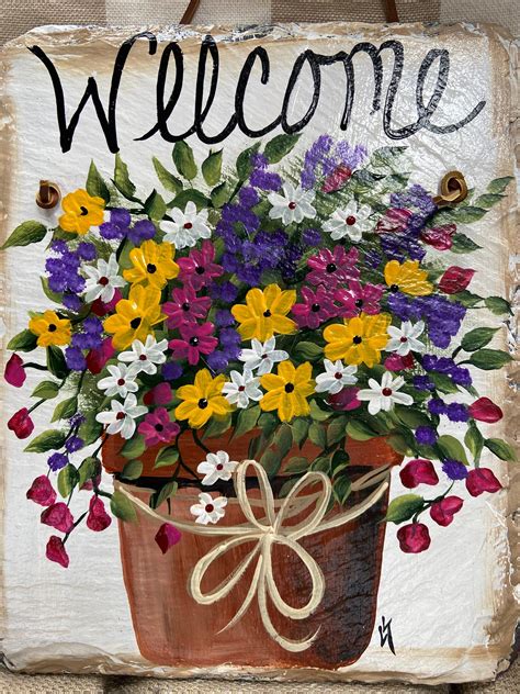 Hand Painted Slate Sign Spring Welcome Sign Front Door Etsy Painted