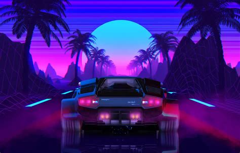 Обои Солнце Lamborghini Фон 80s Neon Countach Lamborghini