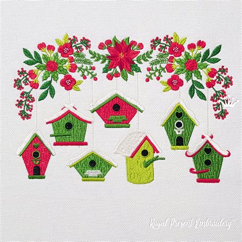 Christmas Birdhouses Machine Embroidery Designs 3 Sizes Royal Present Embroidery