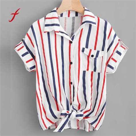 Womens Striped Button Tie Front Short Sleeve Casual Shirt Casual Tops Casual Shirts Shirt