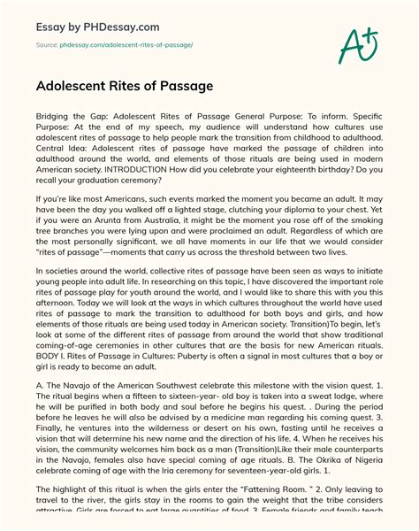 Adolescent Rites Of Passage Essay Speech Example