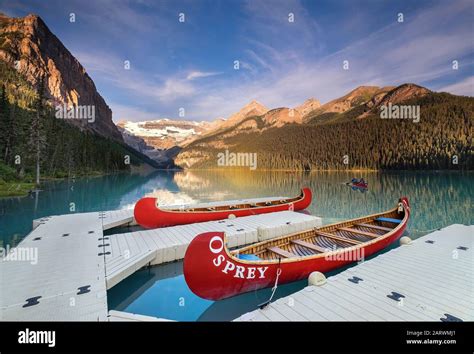 Red Canoes Lake Louise Banff National Park Alberta Canoe Hi Res Stock