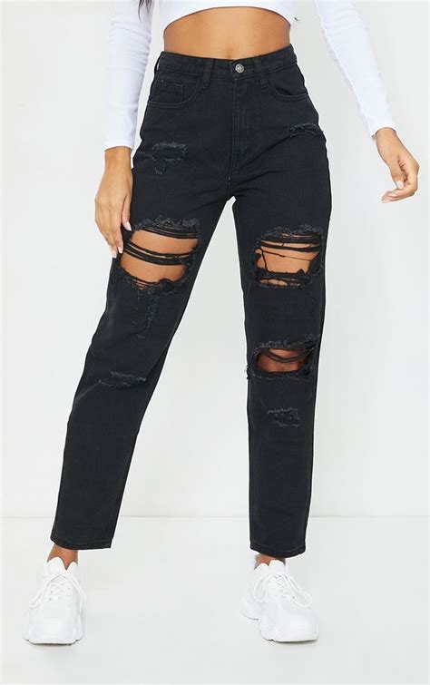 Prettylittlething Washed Black Ripped Mom Jeans Black Ripped Mom