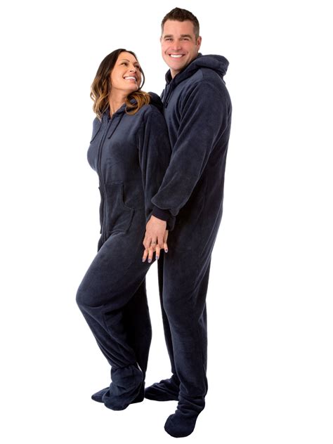 Navy Blue Hooded Plush Adult Mens Footed Pajamas Sleeper W Drop Seat