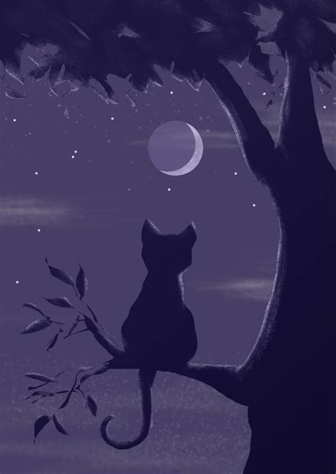 Cat Sitting In A Tree Looking At The Moon Simple Cat Drawing Black Cat