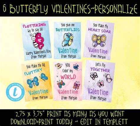 Fluttery Butterfly Valentine Templates Different Etsy Valentine