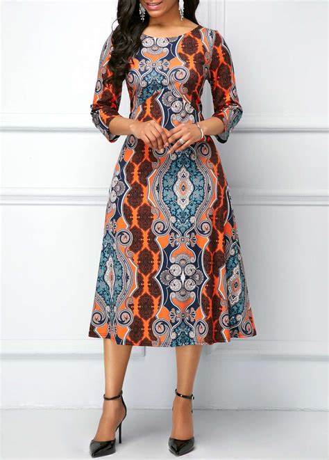 Round Neck Printed Three Quarter Sleeve Dress Usd 3219 African Dress African