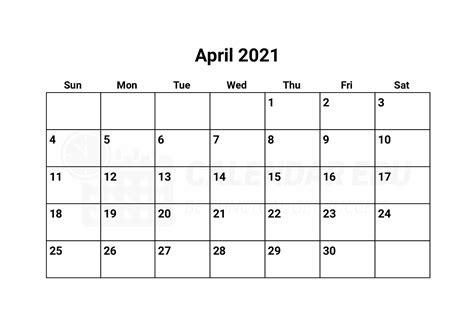 Free April 2021 Calendars 2021 Blank Printable Templates